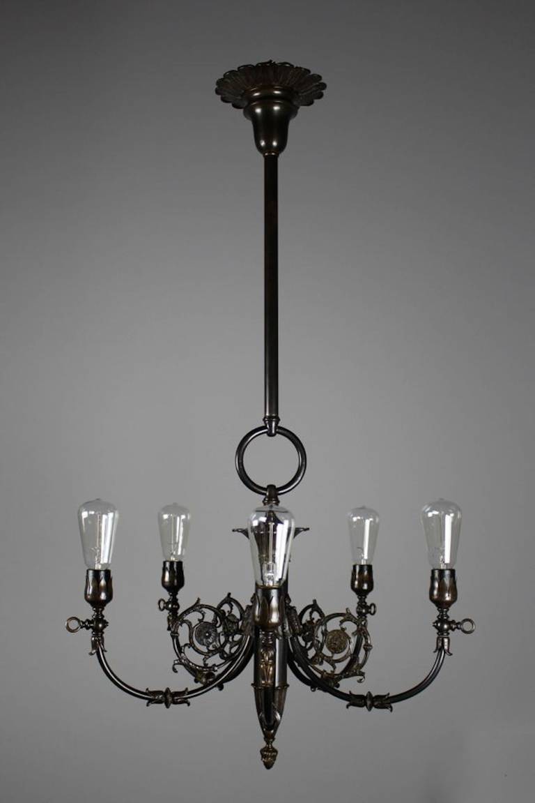 Empire Style Brass Converted Gas Fixture with Bare-Bulbs (5-Light)