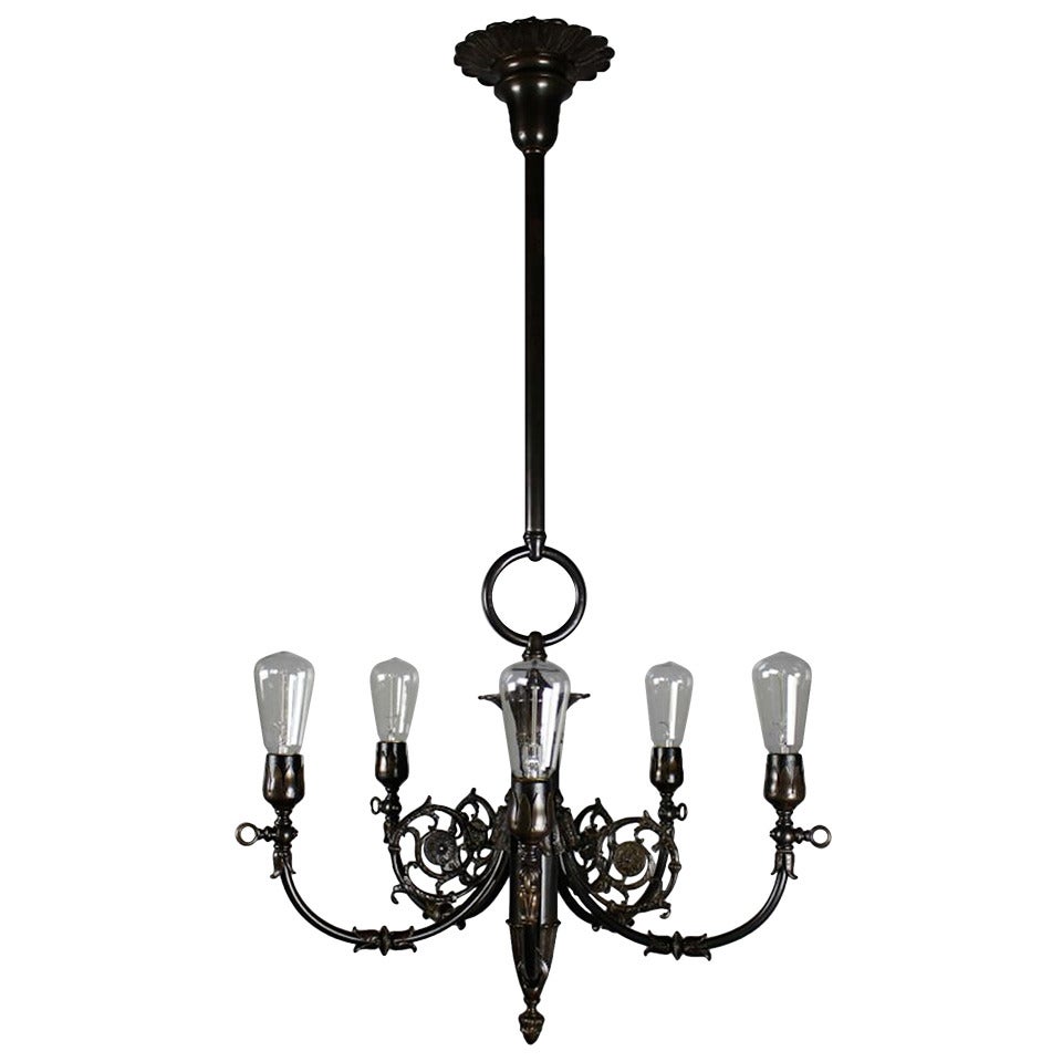 Empire Style Brass Converted Gas Fixture with Bare-Bulbs (5-Light) For Sale