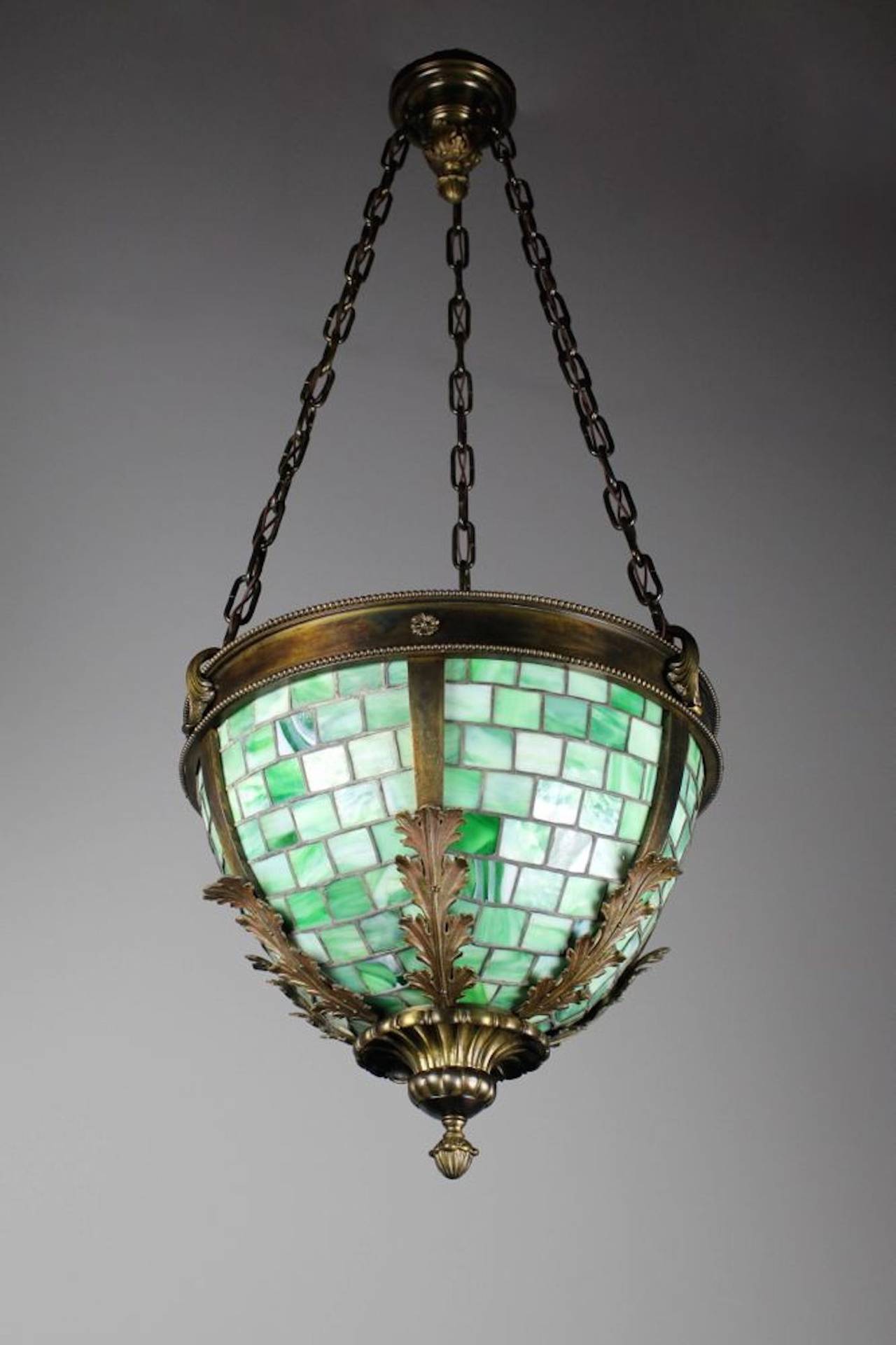 Edwardian Exceptionally Cast Brass Bowl Fixture with Green Slag Leaded Glass Panels For Sale