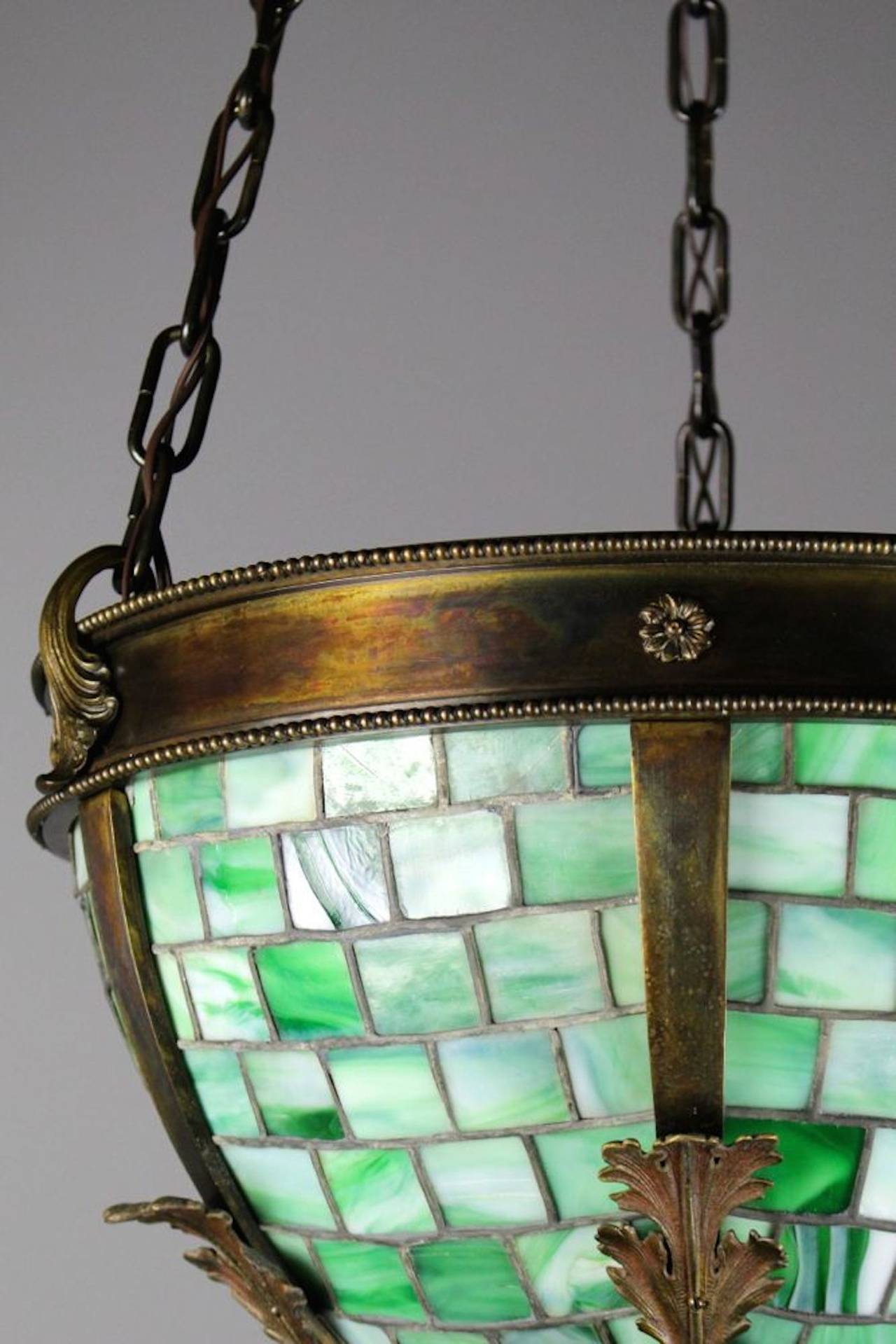 Exceptionally Cast Brass Bowl Fixture with Green Slag Leaded Glass Panels In Excellent Condition For Sale In Vancouver, BC