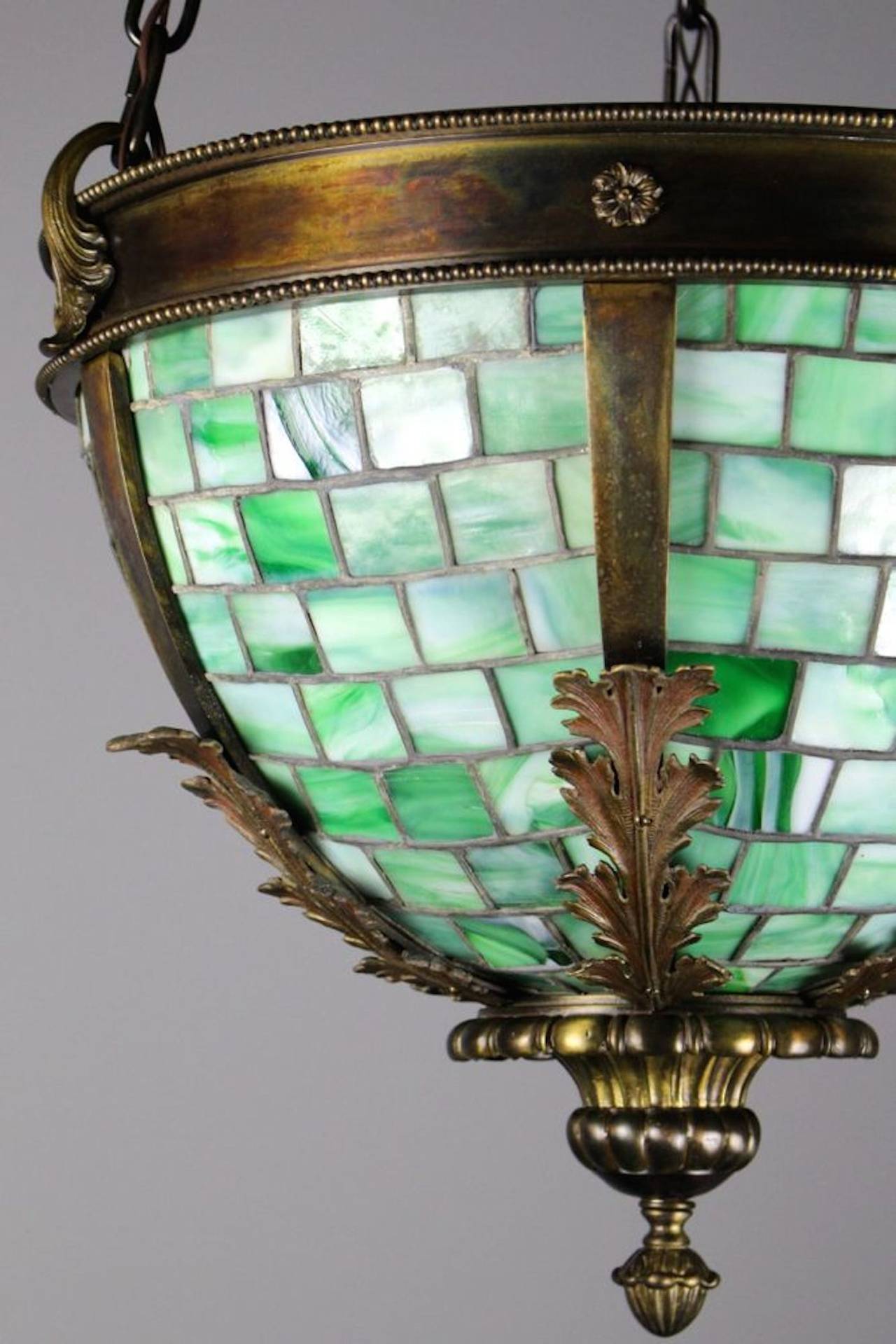 20th Century Exceptionally Cast Brass Bowl Fixture with Green Slag Leaded Glass Panels For Sale