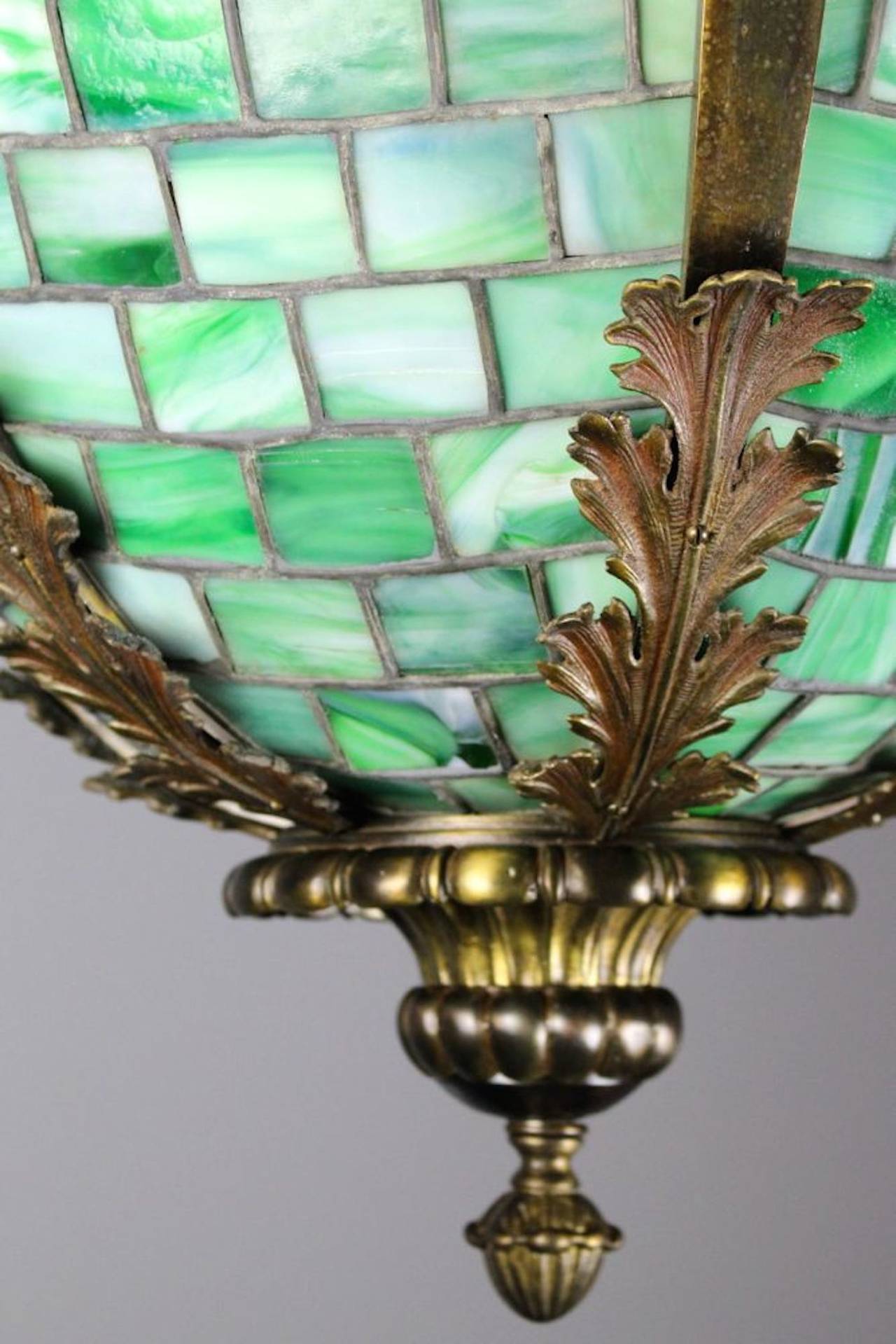 Exceptionally Cast Brass Bowl Fixture with Green Slag Leaded Glass Panels For Sale 1
