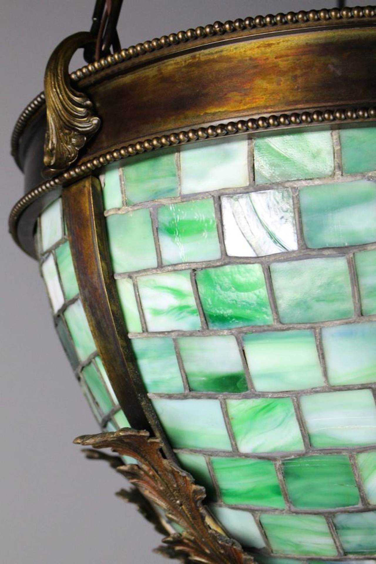 Exceptionally Cast Brass Bowl Fixture with Green Slag Leaded Glass Panels For Sale 2