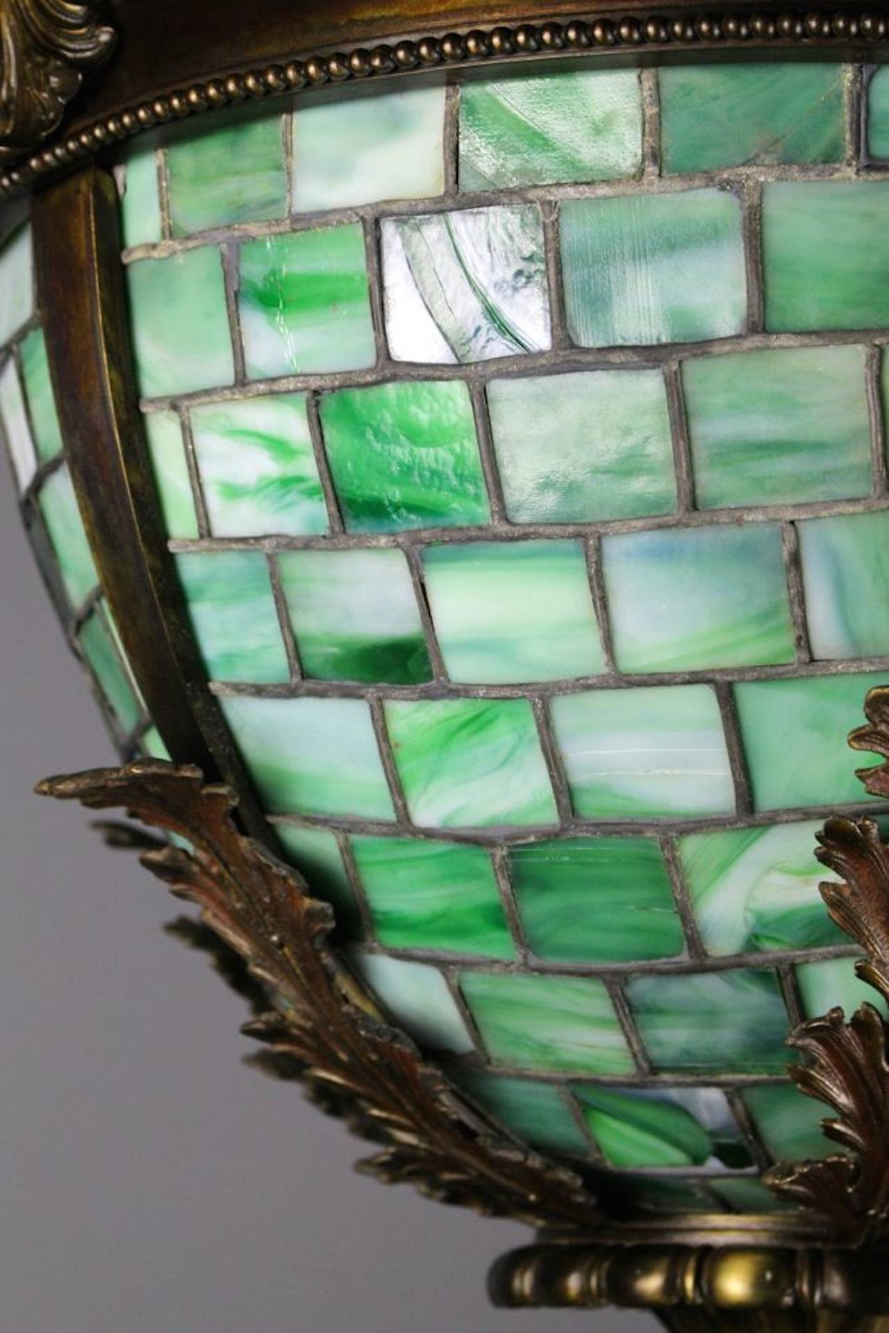 Exceptionally Cast Brass Bowl Fixture with Green Slag Leaded Glass Panels For Sale 3