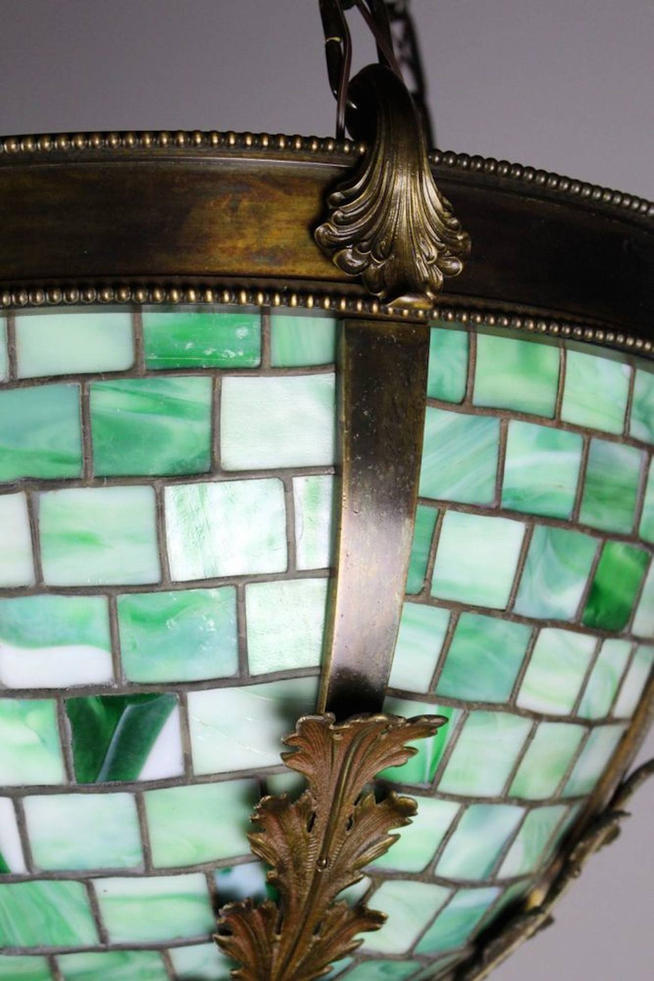 Exceptionally Cast Brass Bowl Fixture with Green Slag Leaded Glass Panels For Sale 4