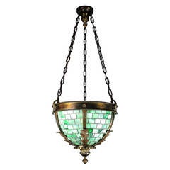 Exceptionally Cast Brass Bowl Fixture with Green Slag Leaded Glass Panels