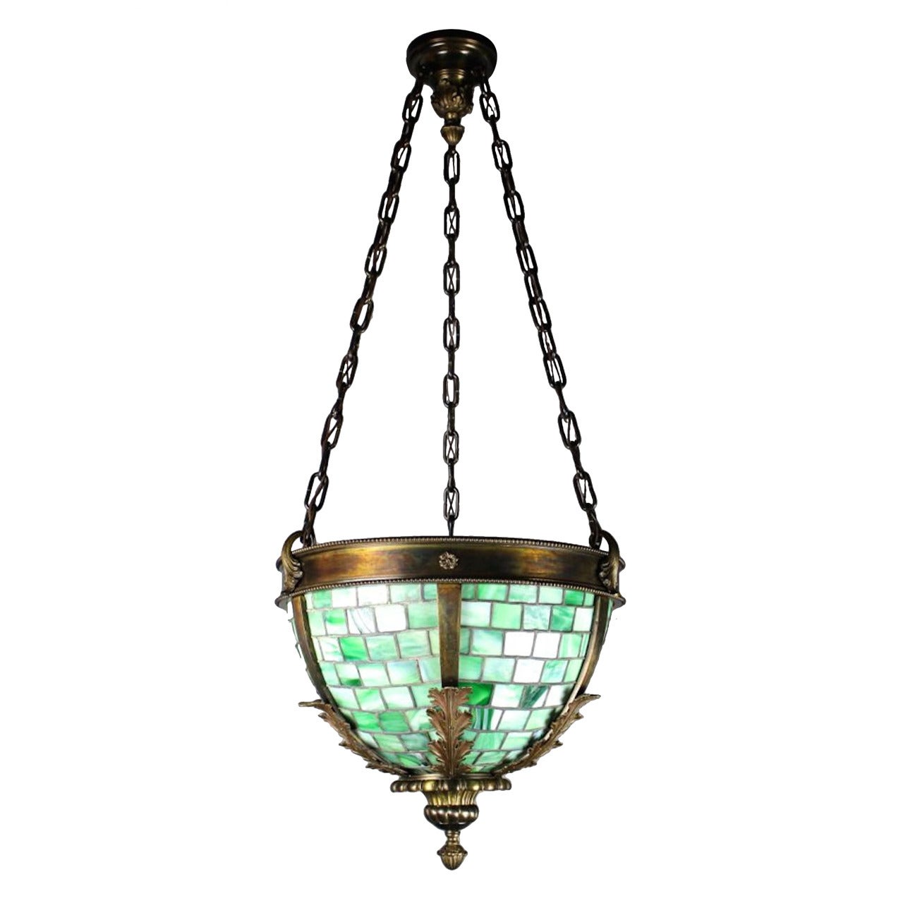 Exceptionally Cast Brass Bowl Fixture with Green Slag Leaded Glass Panels For Sale