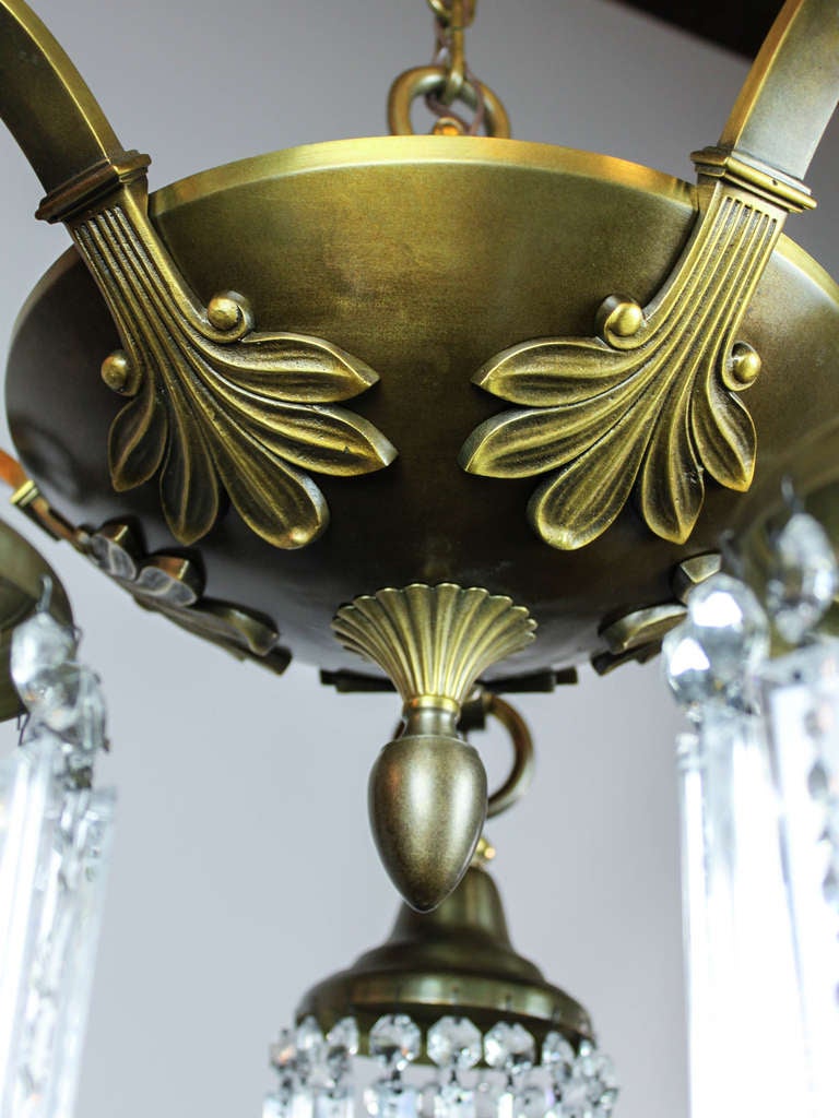 20th Century Edwardian Crystal Brass Pan Light Fixture (5-Light)