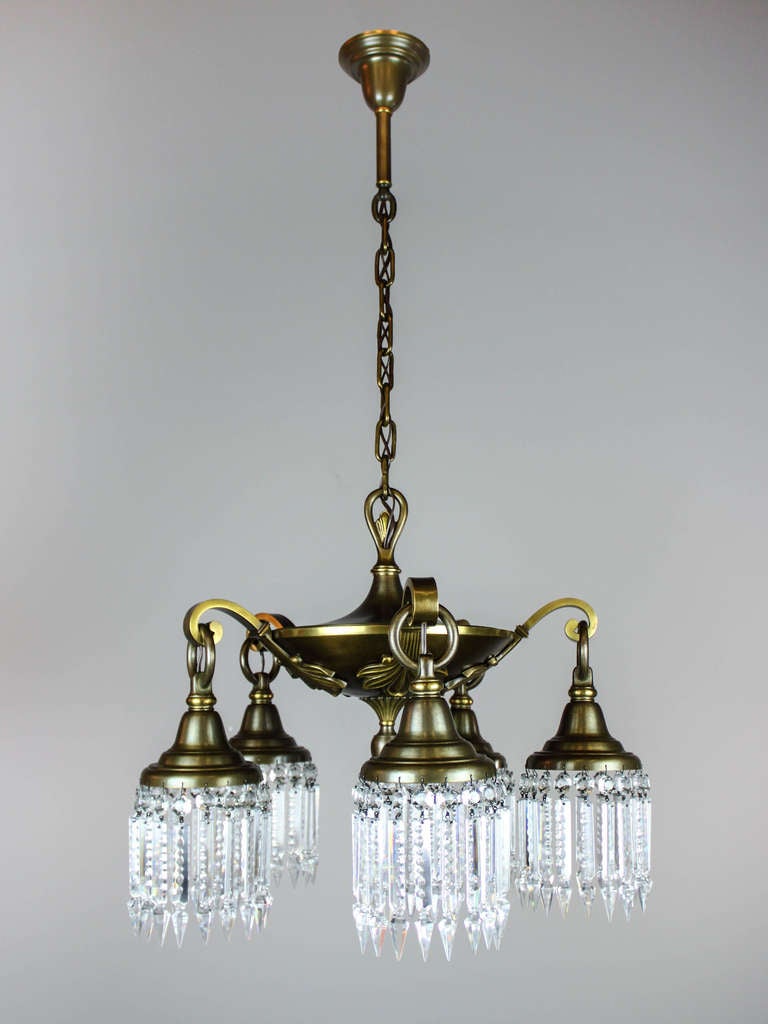 American Edwardian Crystal Brass Pan Light Fixture (5-Light)