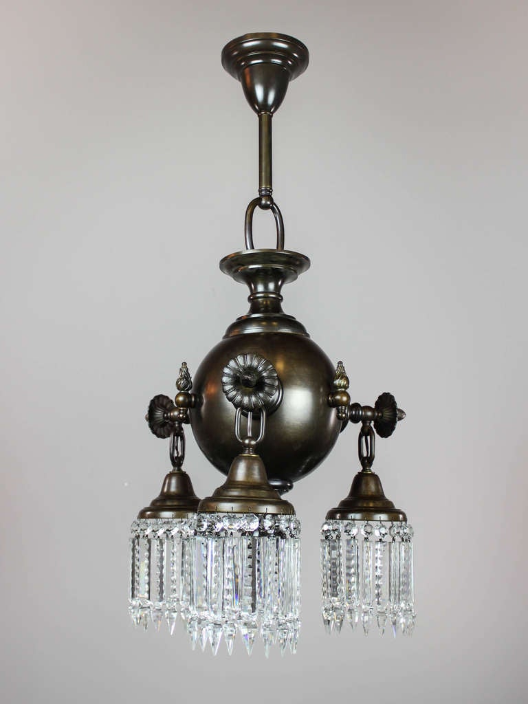 Colonial Combination Gas, Electric Crystal Fixture, Pair Available, Three-Light In Excellent Condition For Sale In Vancouver, BC