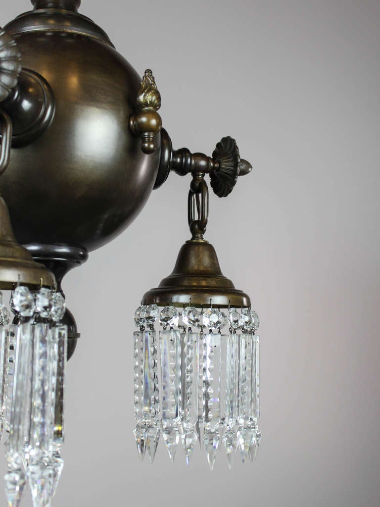 Brass Colonial Combination Gas, Electric Crystal Fixture, Pair Available, Three-Light For Sale