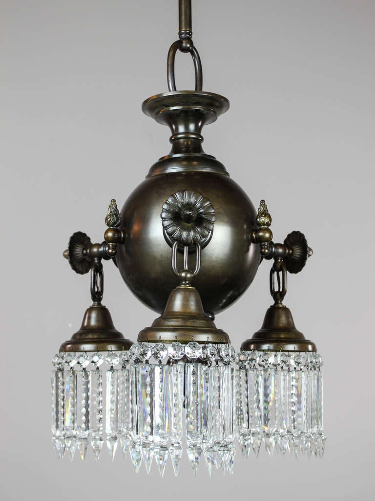 Ca. 1915 Rare pair of combination gas/electric crystal light fixtures, converted to full electric with capped 