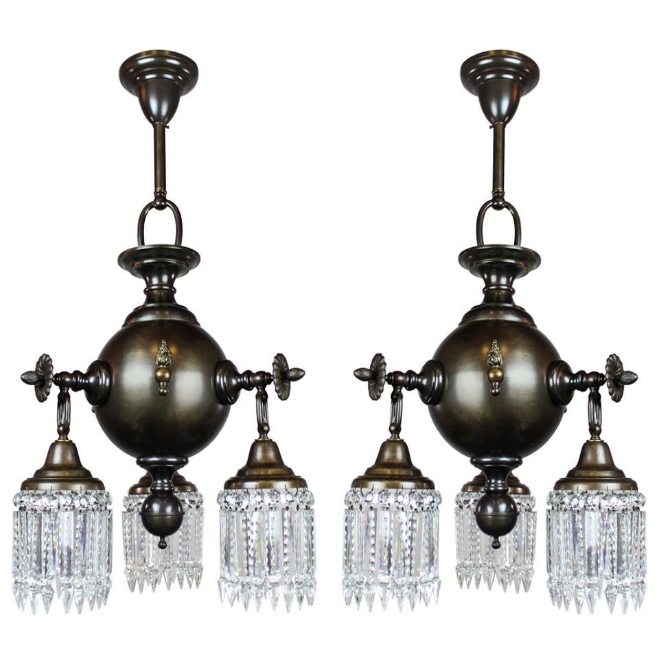 Colonial Combination Gas, Electric Crystal Fixture, Pair Available, Three-Light For Sale