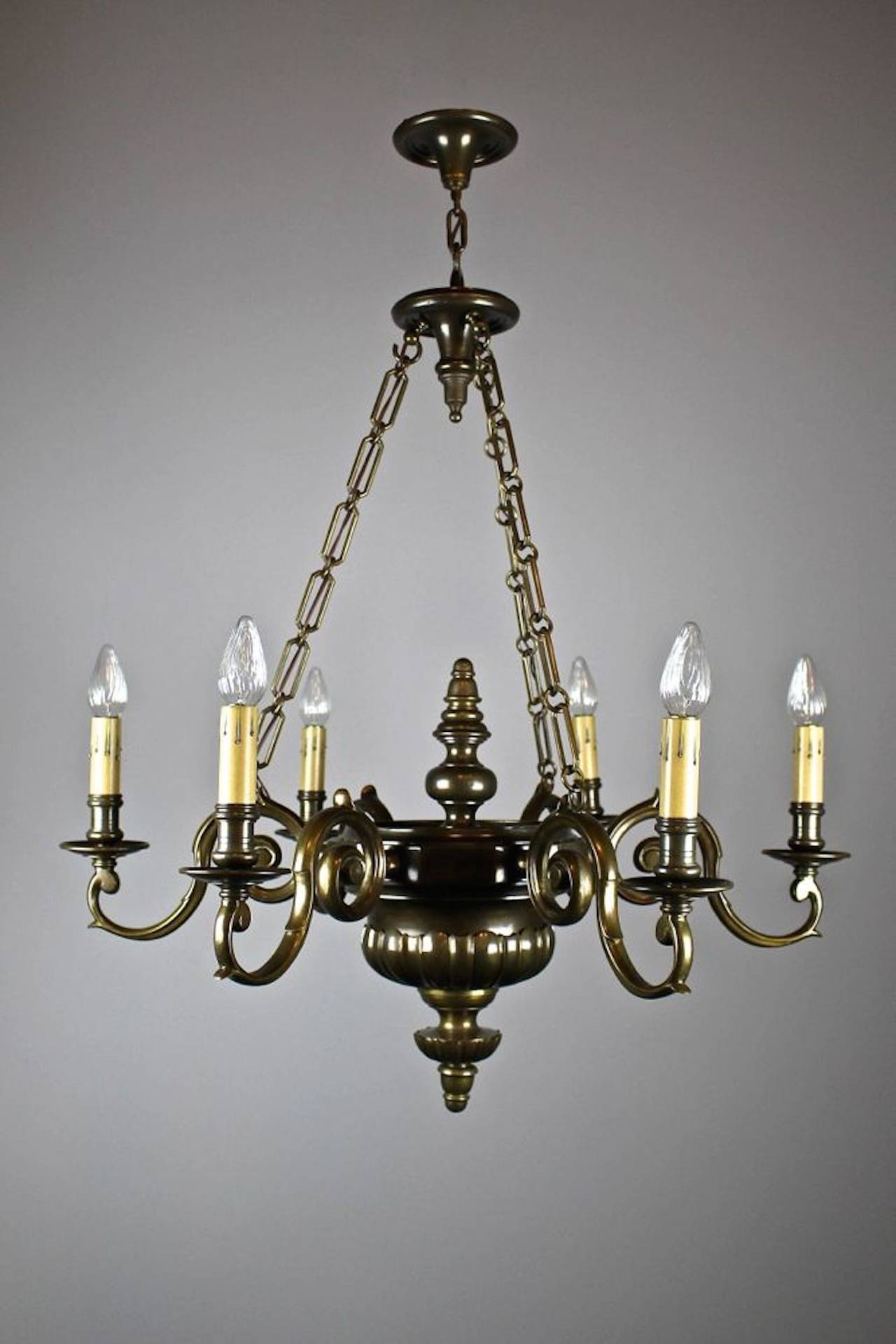Circa 1910. This is a super high-quality Edwardian chandelier in the Sheffield style, with electrified candle-tapers Fully cleaned, rewired, restored, and ready to hang. 
Measurements: 43" H X 35" W. SKU: DF1213.