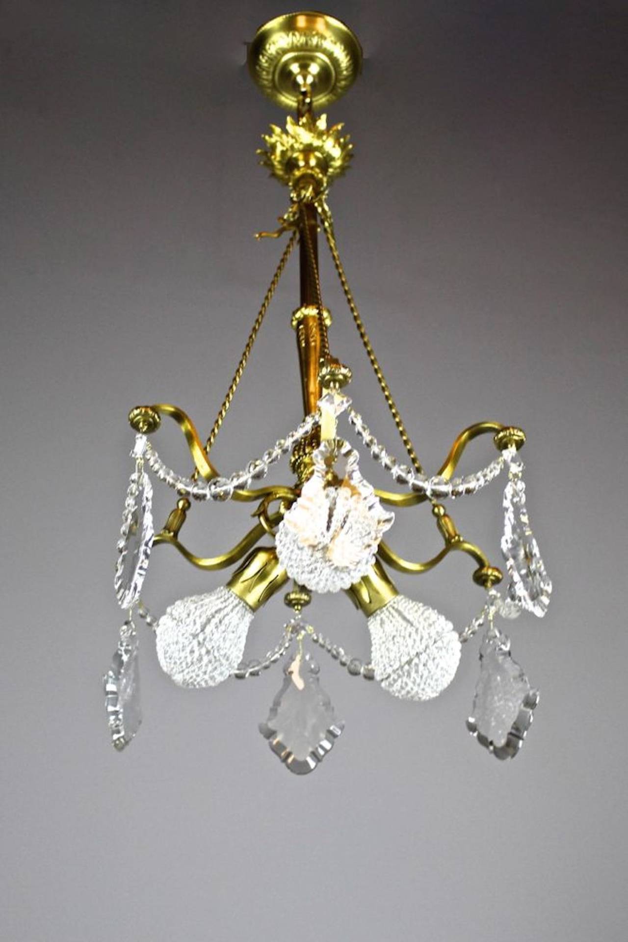 American Three-Light Cut-Crystal Rococo Basket Fixture Attributed to E. F. Caldwell For Sale