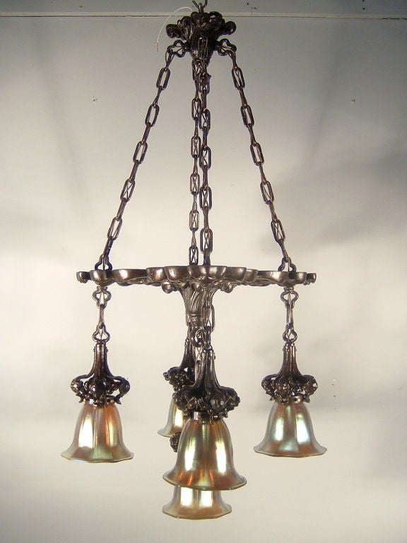 Found in Cincinnati, Ohio. Outstanding, highly unusual ‘shower fixture’, all original parts in the Arts & Crafts/Gothic style, circa 1910. Plated cast iron restored to its original dark cinnamon bronze and fitted with period correct art glass