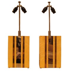 Pair of Table Lamps in Burled Maple with Chrome and Brass Detail