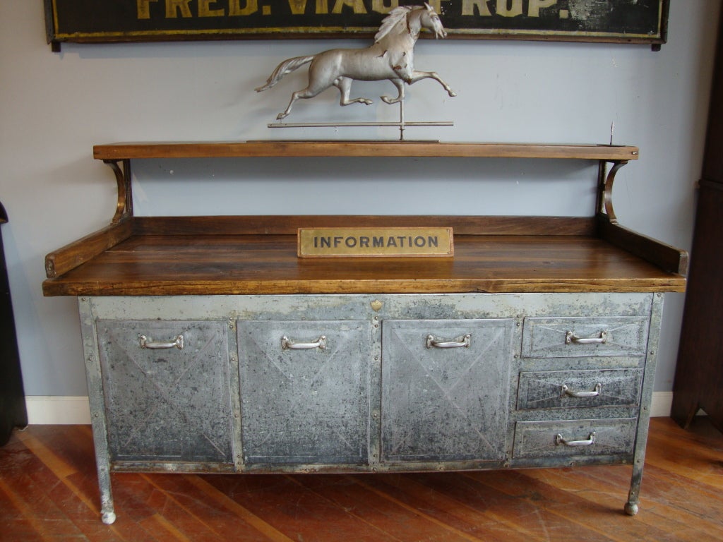 Rare vintage prep table mfg. by McClary, Montreal, Canada. Heavy gauge steel with 3 bins and 3 drawers and unusual balls on legs. Maple top is removable
