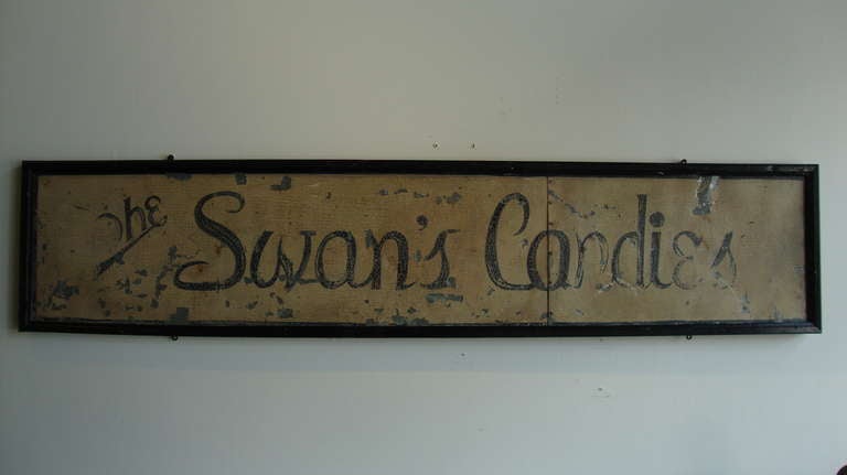 Original painted candy sign, with great textured paint on tin with wood frame.
Recently acquired from a private collection in Chicago.