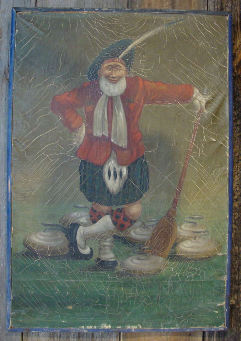 Whimsical oil-on-canvas painting of a curler. Artwork was found in Montreal, in its original frame.