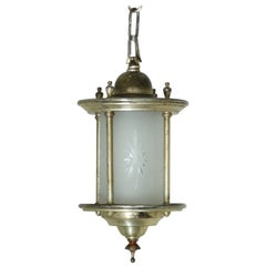 Antique 1920 Silver Gilded Frosted Glass Pendant Light