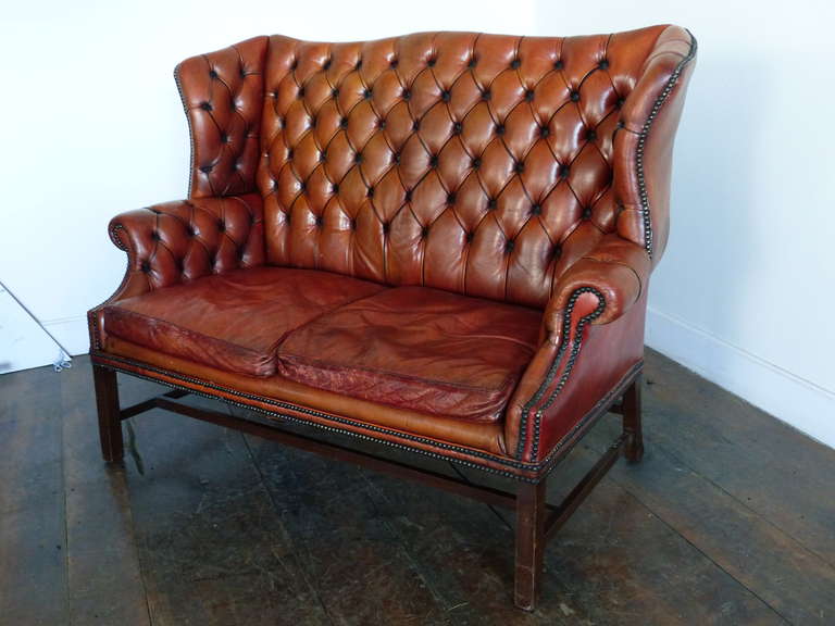 British 1930 Leather Tufted Wing Back Style Sofa