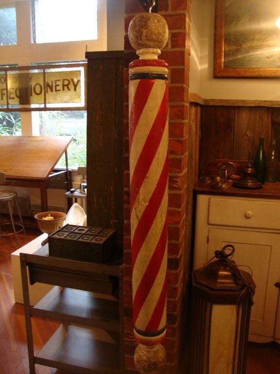 Orignal solid barber pole with polychromatic paint and untouched as found condition