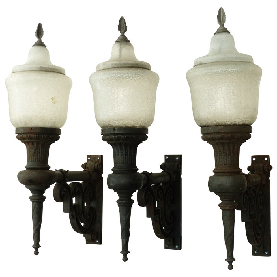 Set of Three Cast Iron Exterior Sconces, Novalux