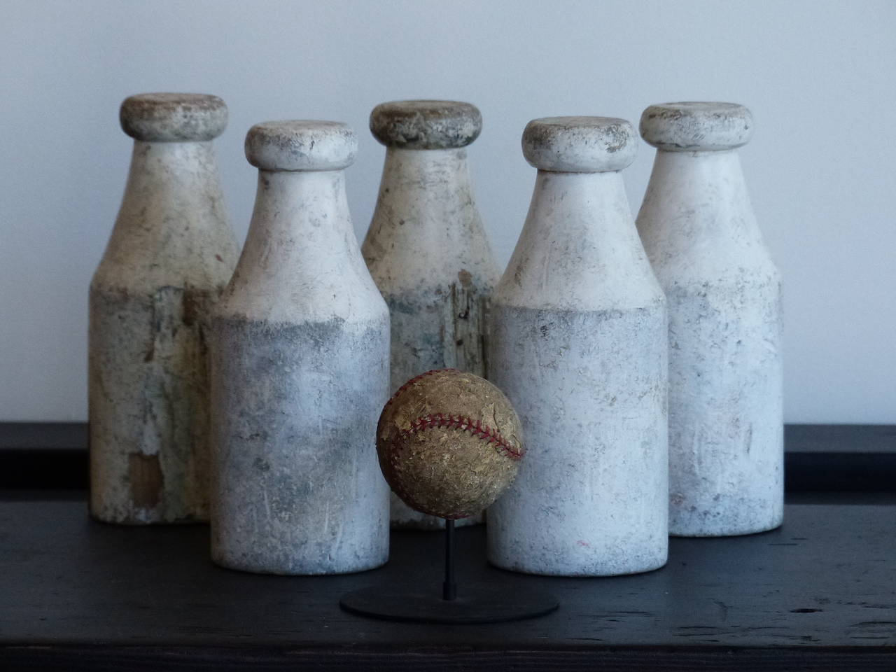 Five wooden bottles with ball, original paint in untouched condition