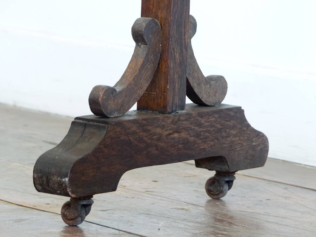 Very nice original rolling wooden solid oak coat rack with two tiered brass hooks mirroring both sides. Retains much of it’s old finish.
circa 1930
Found in Ontario.
