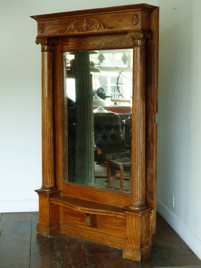 Solid oak pier mirror, sturdy, great worn golden patina , with original mirror.
Reclaimed from a residence in Chicago.