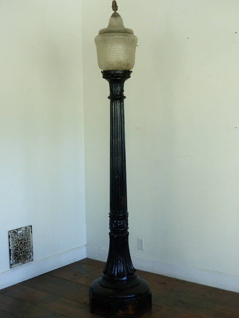 Late Victorian street light, heavy cast iron with glass shade,  wired, great detail in the casting. Found in New York