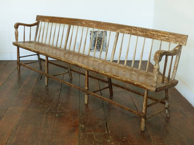 Pair of 8 ft benches in solid condition from a community hall. Both benches retain original surface paint , solid box stretcher legs with single plank seat..
Found in Northern Vermont..