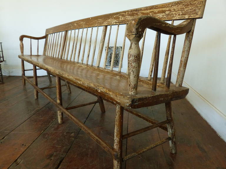 19th Century Wooden Spindle Maple or Pine Benches with Original Paint In Good Condition In Surrey, BC