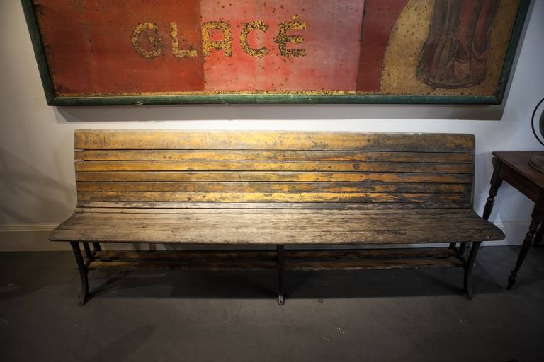 This very well made bench was found in upper NY state, however was purchased many years ago in the Philadelphia area. This solid maple seat with cast iron base is in untouched as found condition, maintaining a nicely worn look.