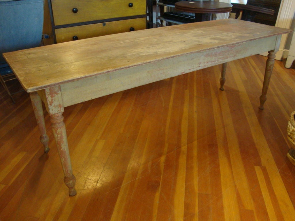 Nice three board top farm table with great original painted base and traces of the original finish on the top. Found in Nova Scotia