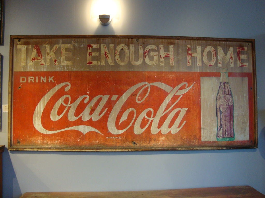 Large tin Coca Cola sign, paint on tin. Found in the Mid-West USA