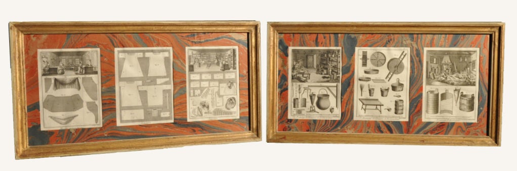 French engravings about french craftmen with descriptions of their work and tools,ordered by Louis XV to Diderot d'Alembert for the Encyclopedia.
Hand made red marble paper,beige and gold frame with distressed patina .  PRICE FOR ONE
We can