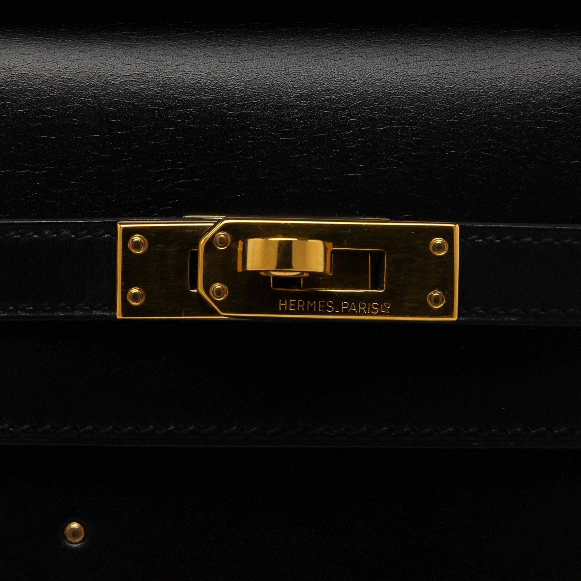 Hermes Vintage Black Box With Gold Studs 20cm Kelly Bag In Excellent Condition For Sale In London, GB
