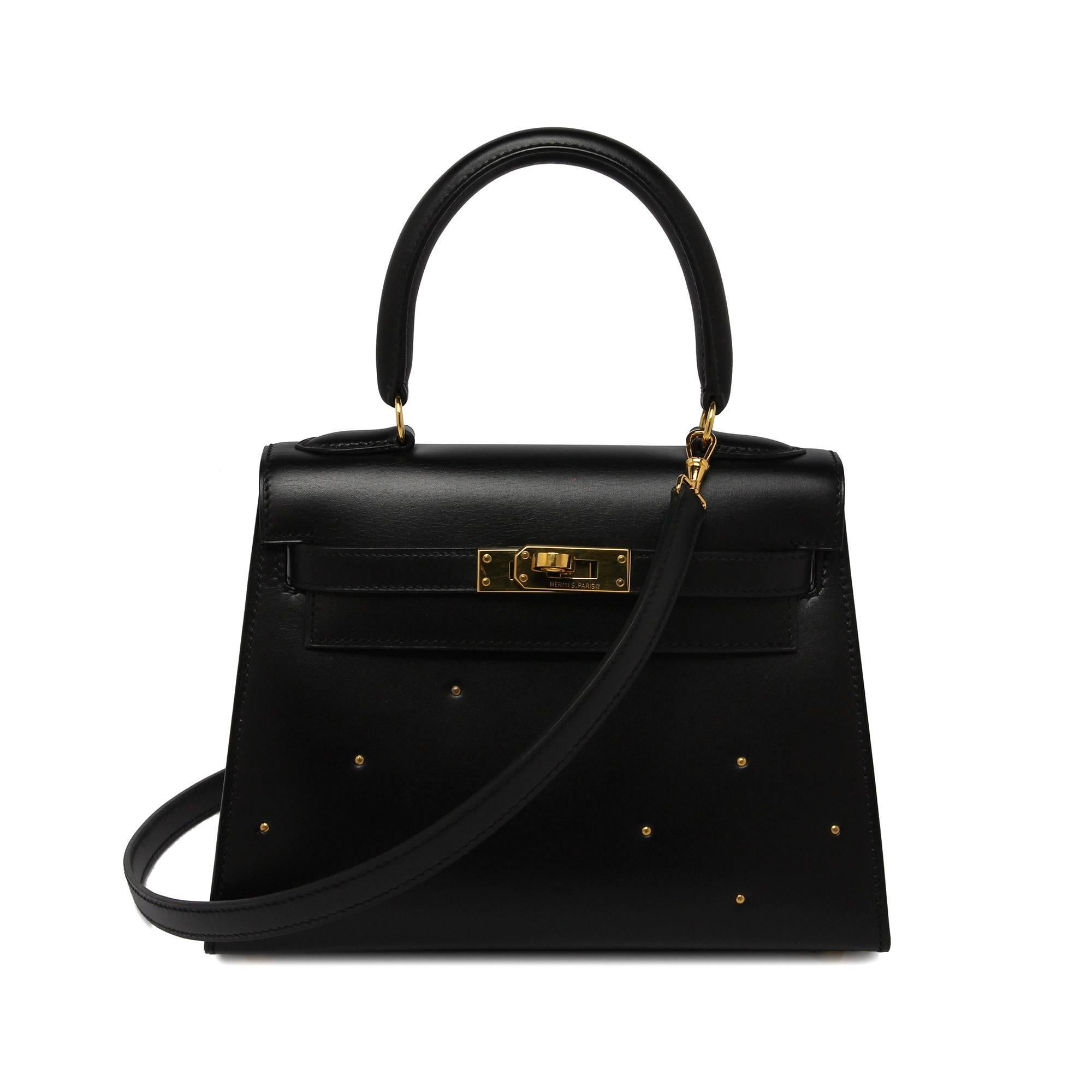 Women's Hermes Vintage Black Box With Gold Studs 20cm Kelly Bag For Sale