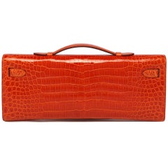 Hermes Kelly Cut Orange Shiny Porosus Croc with Palladium