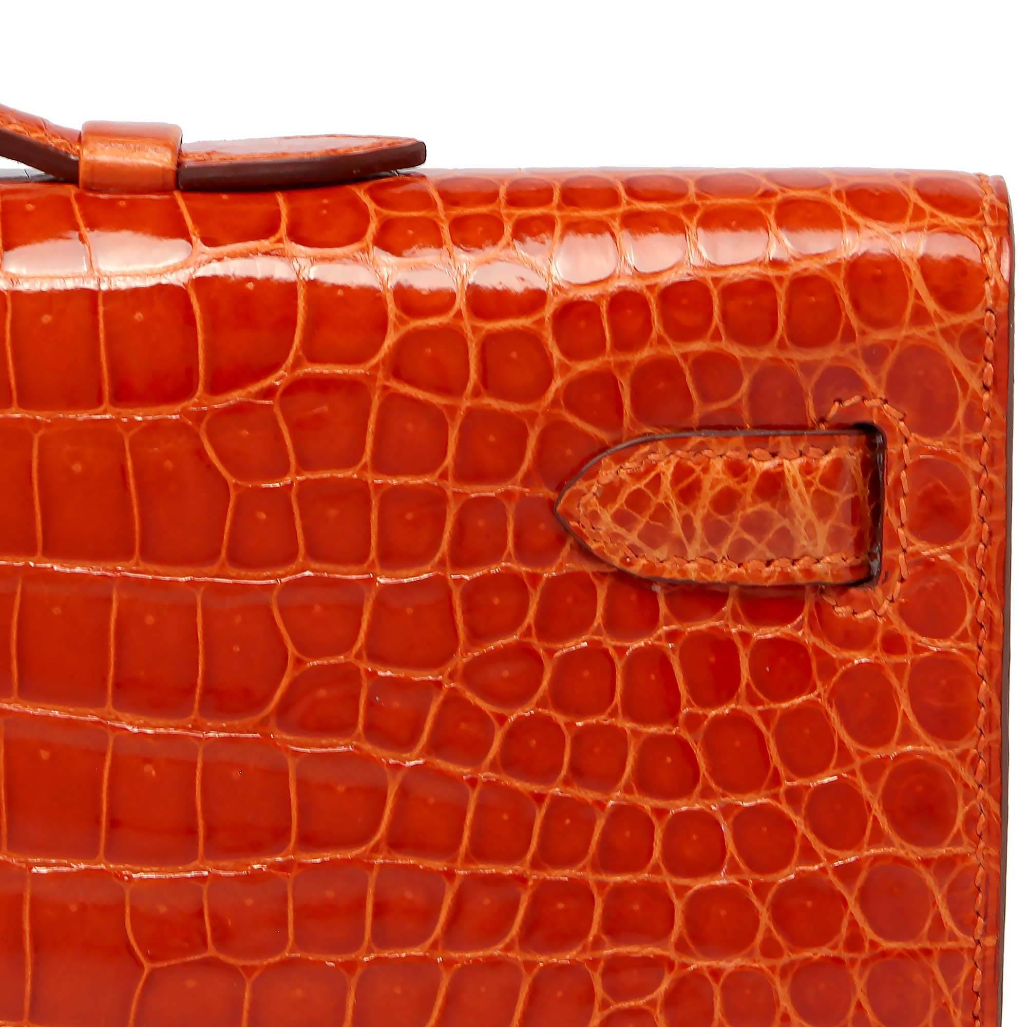 Red Hermes Kelly Cut Orange Shiny Porosus Croc with Palladium  For Sale