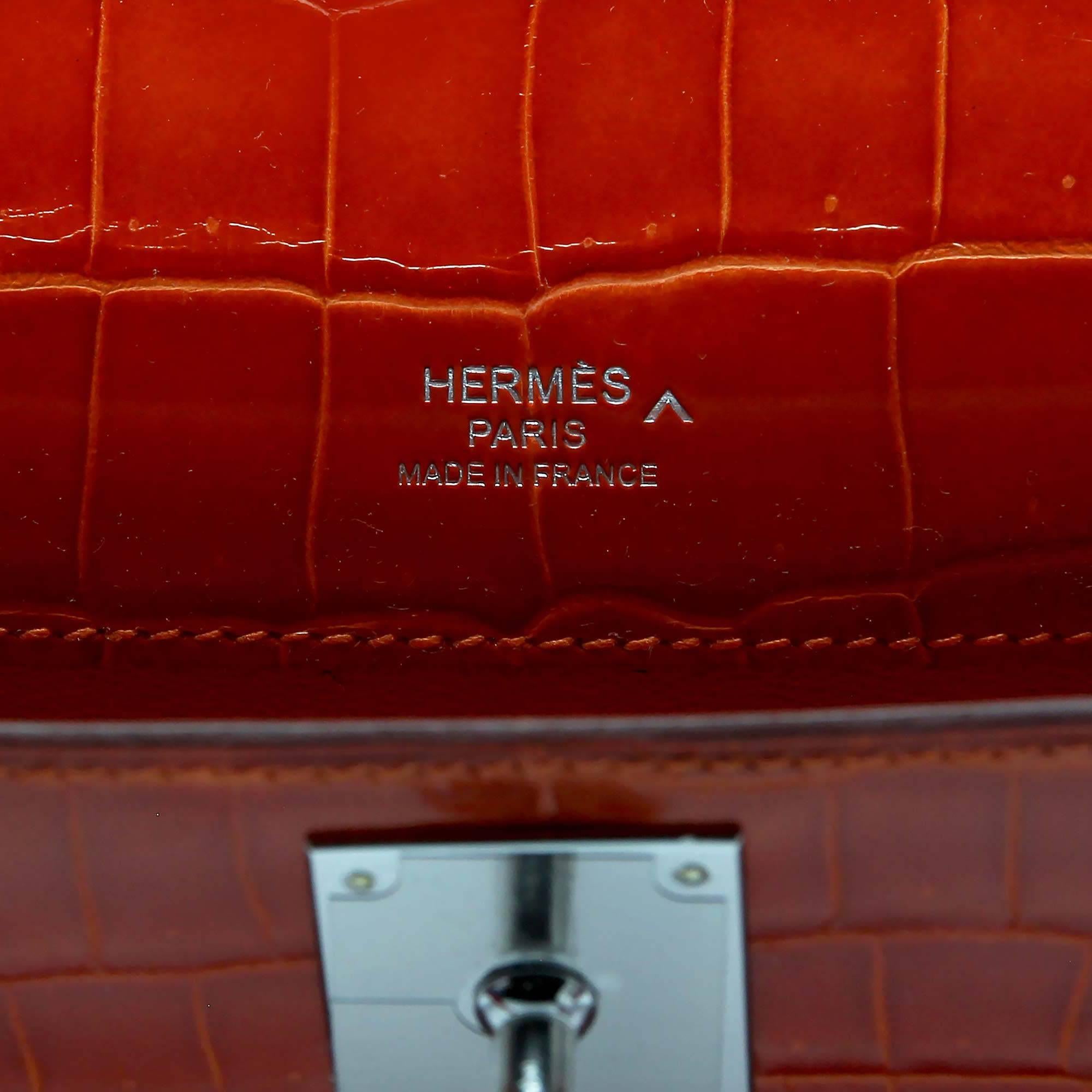 Women's Hermes Kelly Cut Orange Shiny Porosus Croc with Palladium  For Sale