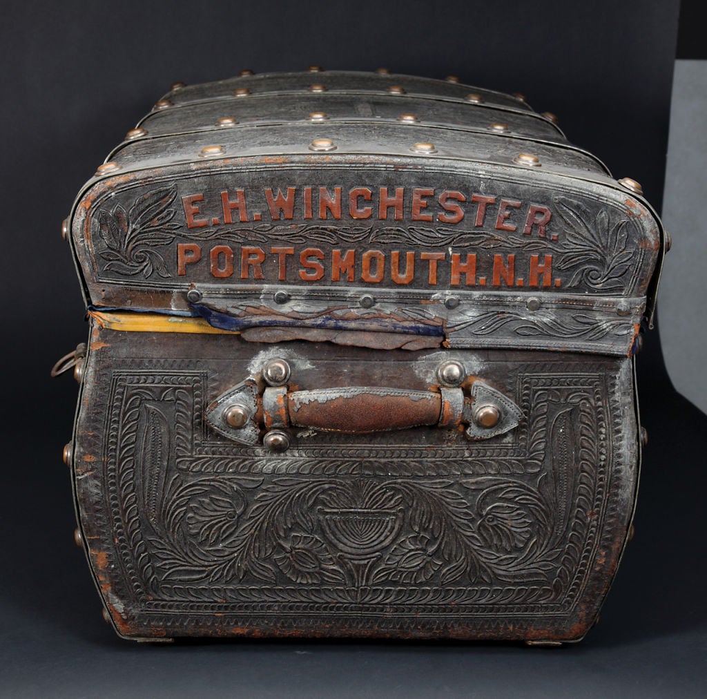 19th Century Important Maine & Winchester Leather Trunk For Sale