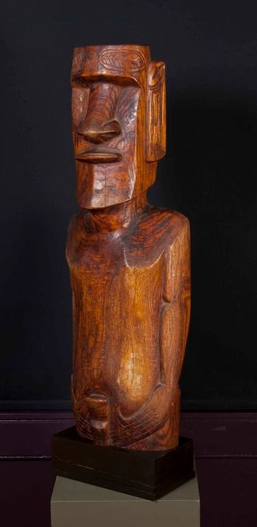 Large hard wood carved Easter Island carved wood figure with custom ebonized colored oak custom made art display stand. Detail carving on rear side.