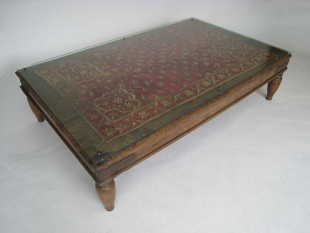 Wooden Dhaket with Zardozie Textile and Glass Top