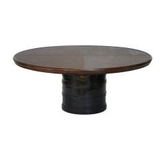 Antique Rattan Top Dining Table with Black Lacquer Elm Food Barrel Base