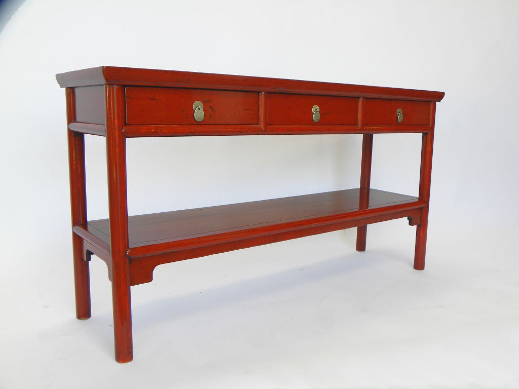 Red Lacquered 3 Drawer Side Table