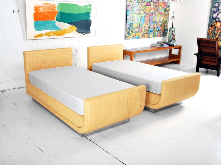 DESIGNER & MANUFACTURER: Richard Himmel

MARKING: none

COUNTRY OF ORIGIN & MATERIALS: unknown; raffia,chrome

ADDITIONAL INFORMATION & CIRCA: Raffia bed by Richard Himmel (we have two beds available, priced each).

DIMENSIONS: 37