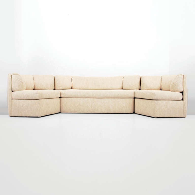 DESIGNER & MANUFACTURER: Thayer Coggin

MARKINGS: marked

COUNTRY OF ORIGIN & MATERIALS: USA; upholstery, acrylic

ADDITIONAL INFORMATION: Sofa, lounge chairs and pair of side tables by Thayer Coggin. Set can be configured in several ways